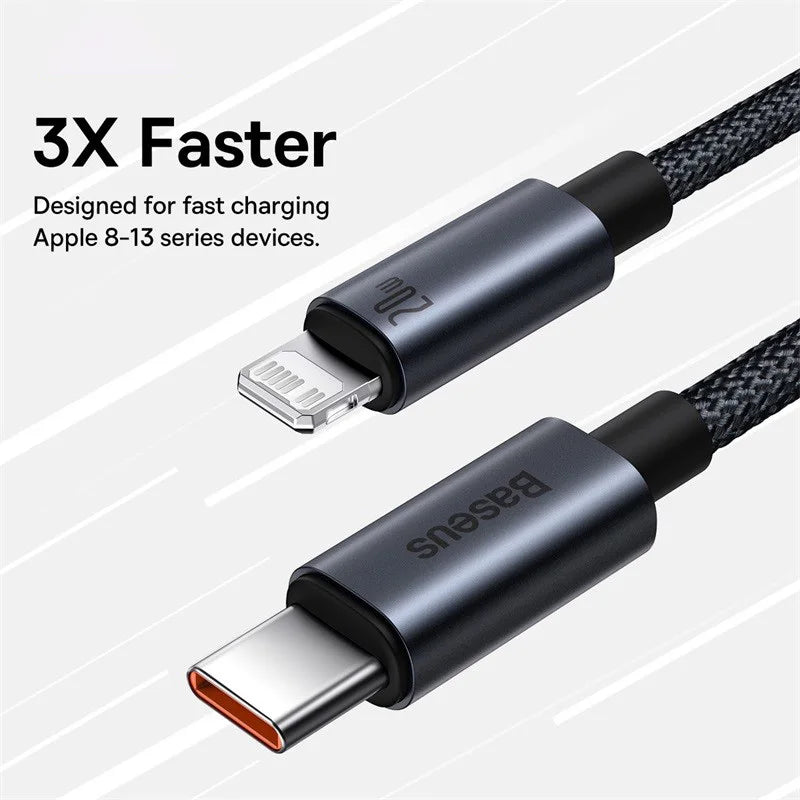 Cabo Baseus USB-C para Lightning iPhone 20W PD — Nylon Trançado 1m/2m/3m