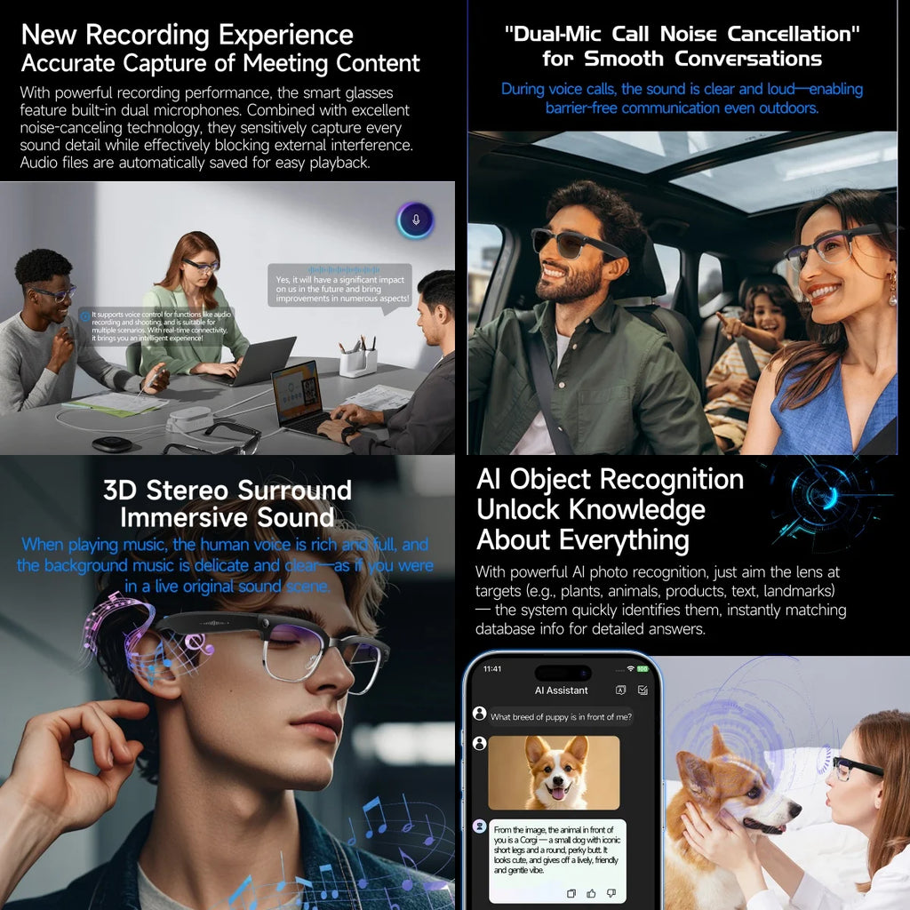 Óculos Inteligentes IA 4K — Câmara 8MP, Gravação de Vídeo, Reconhecimento, Tradução, Bluetooth e Óculos Fotocromáticos À Prova de Água