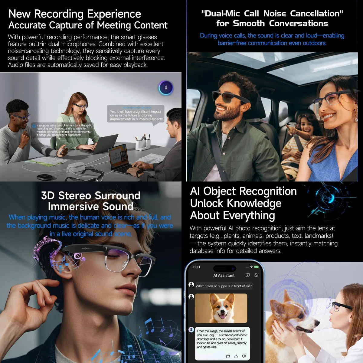Óculos Inteligentes IA 4K — Câmara 8MP, Gravação de Vídeo, Reconhecimento, Tradução, Bluetooth e Óculos Fotocromáticos À Prova de Água