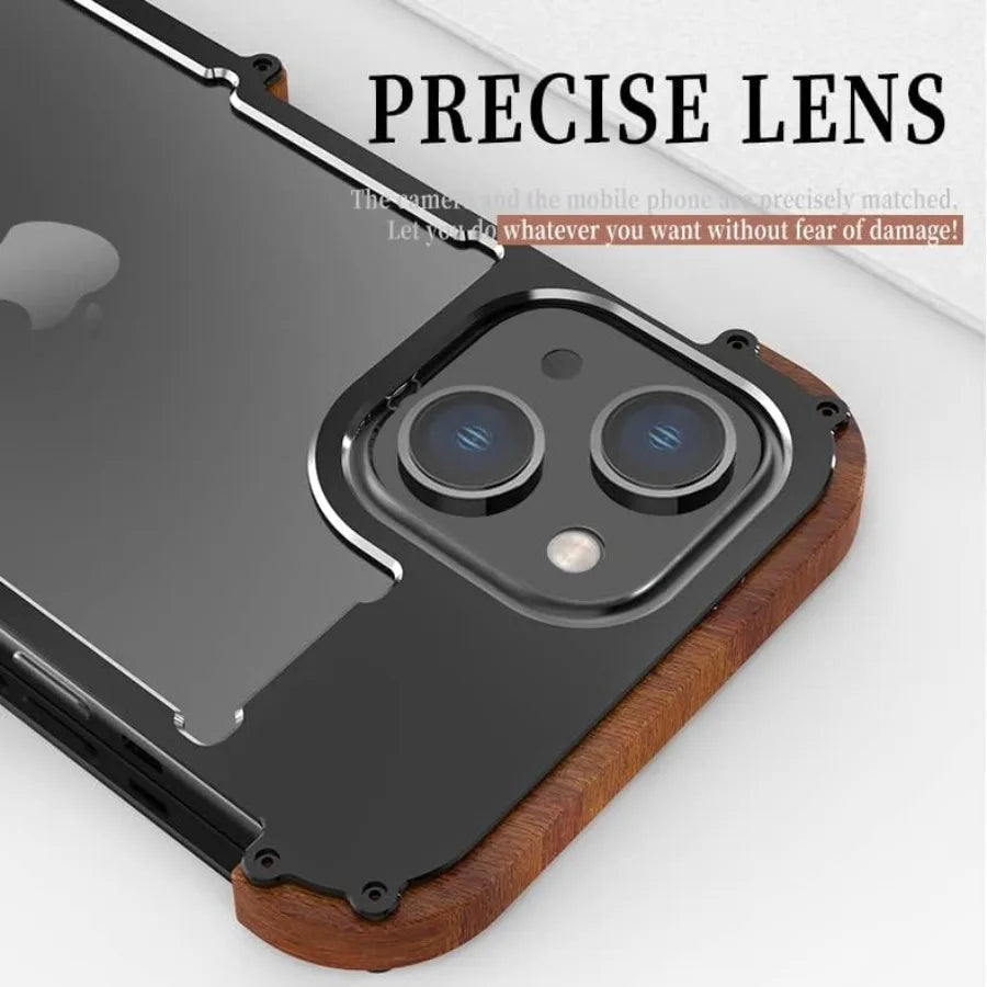 Capa Bumper Metal e Madeira para iPhone 16 15 14 13 12