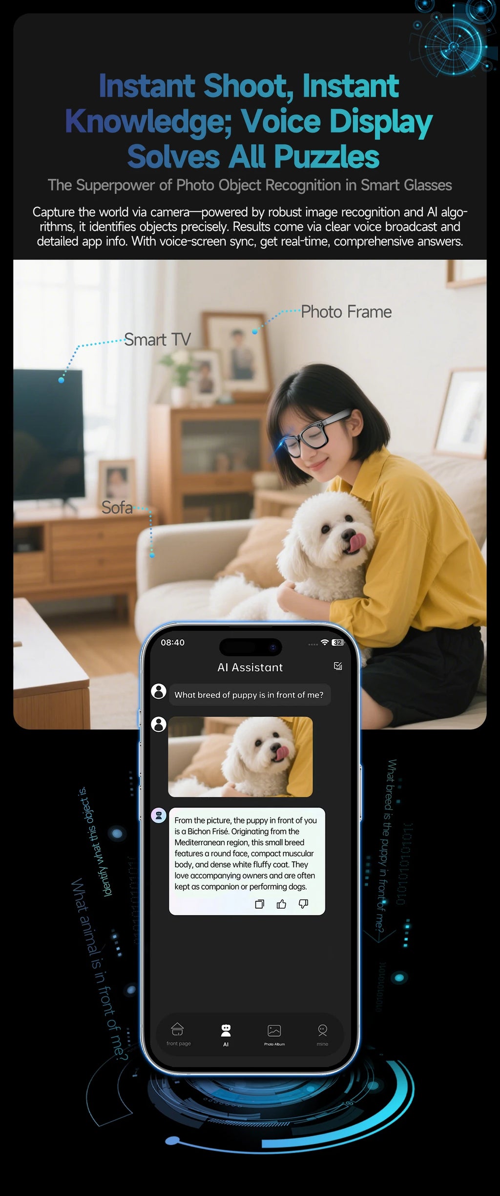Óculos Inteligentes 2025 com Câmara, 32GB, Tradução, Bluetooth e Anti-luz Azul — Homem e Mulher
