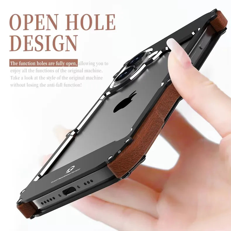 Capa Bumper Metal e Madeira para iPhone 16 15 14 13 12