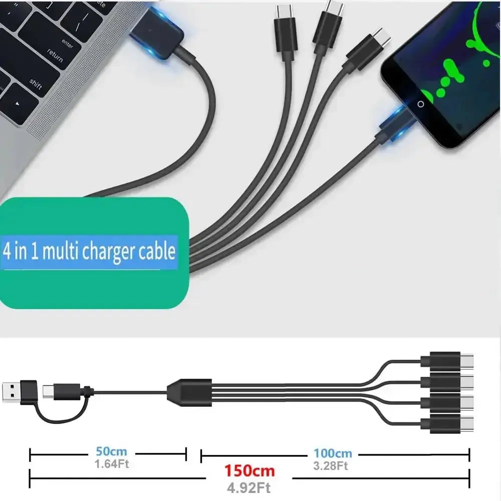 Cabo Splitter USB-C com 4 Conectores Type-C — Carregue 4 Dispositivos ao Mesmo Tempo