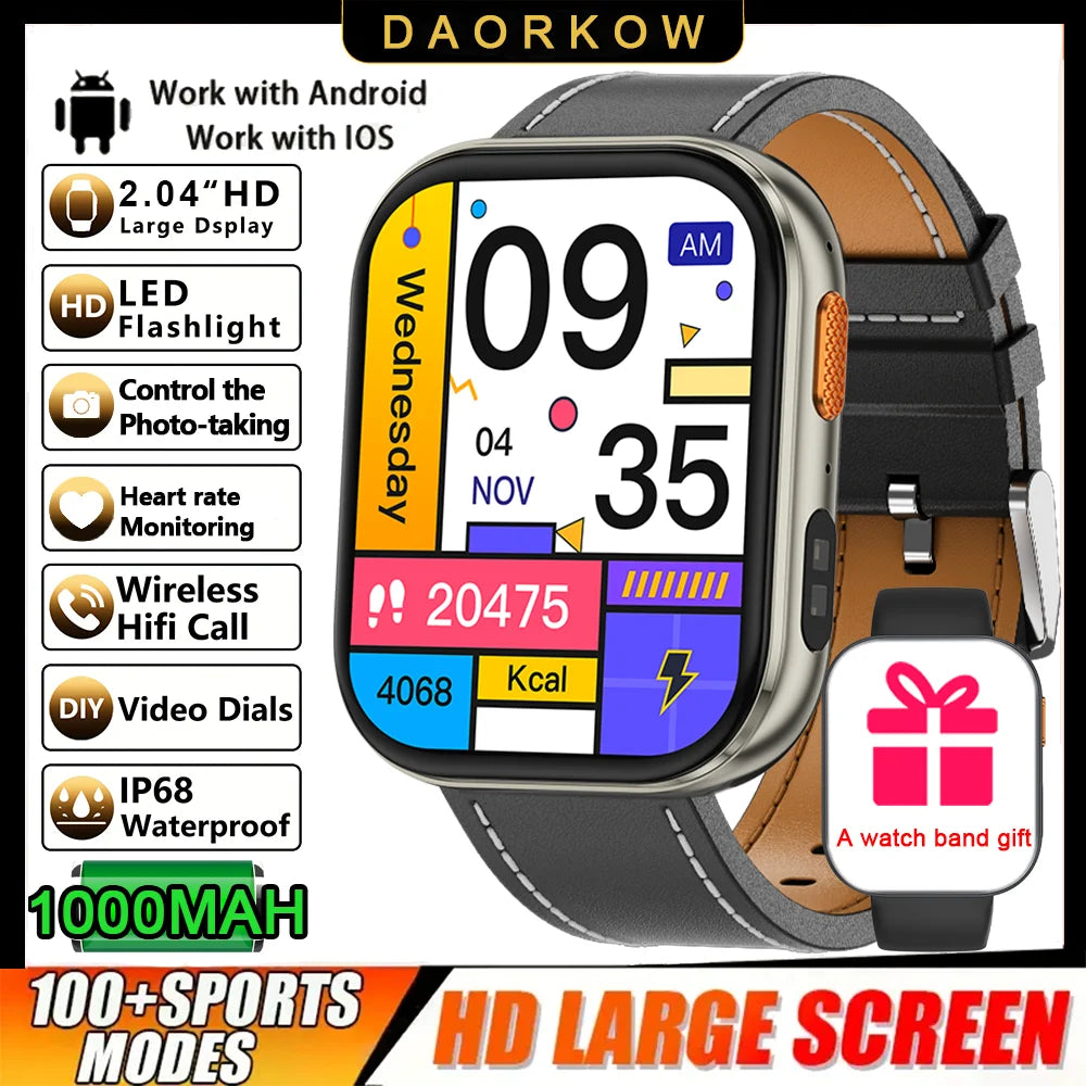 Smartwatch 2026 AMOLED 2.04'' — 1000mAh, 100+ Modos Desportivos, Chamadas Bluetooth e 3ATM
