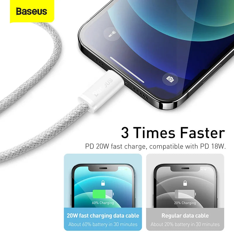 Cabo Baseus USB-C para iPhone 20W Carregamento Rápido — 1.2m/2m