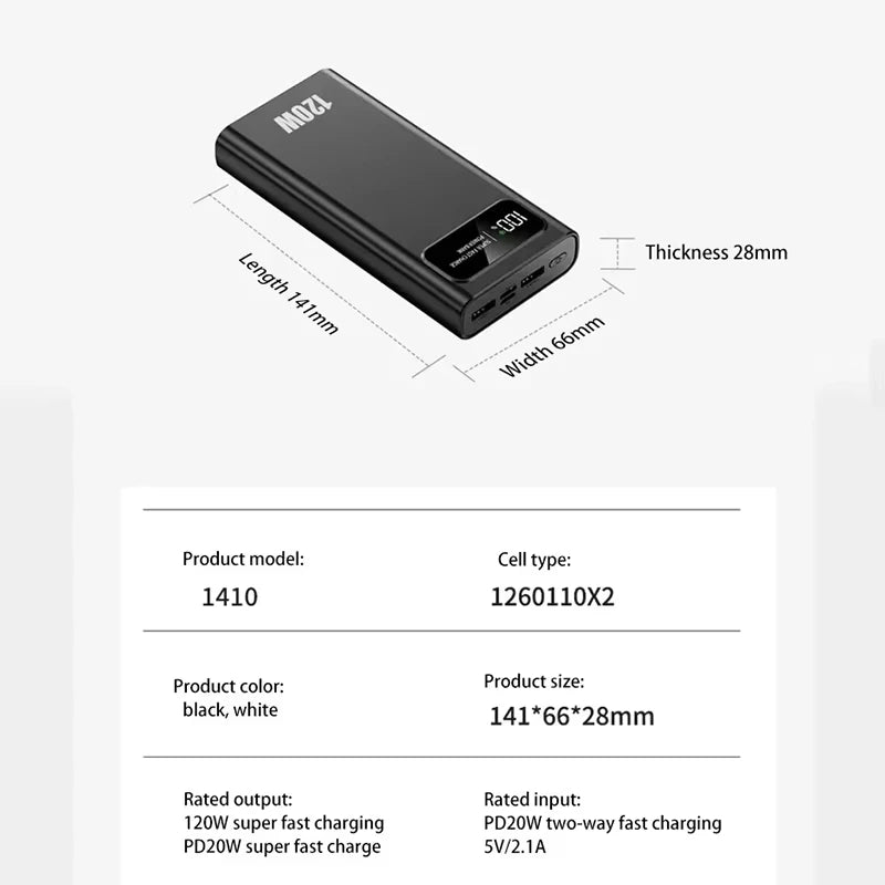 Power Bank Lenovo 120W Alta Capacidade com Display Digital e 4 Interfaces