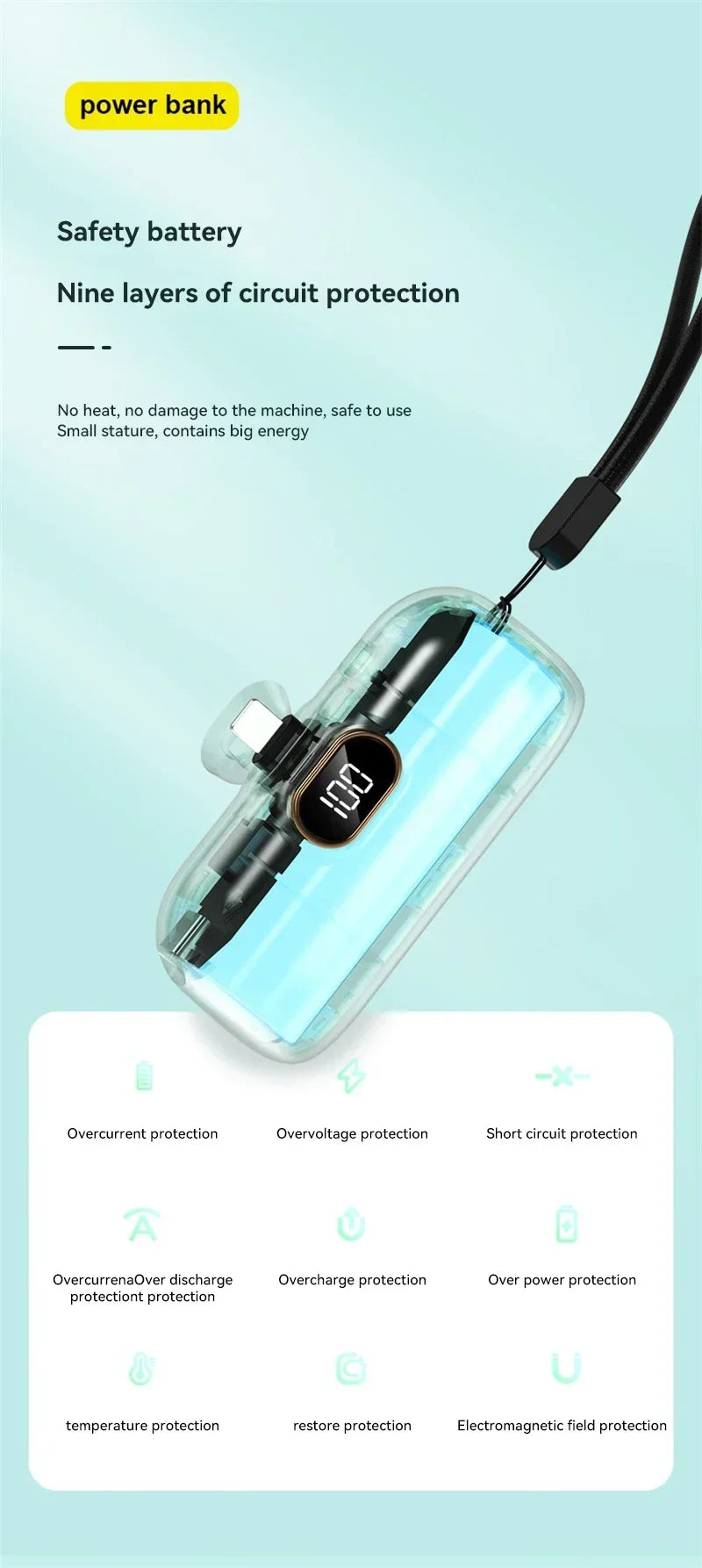 Power Bank Cápsula Mini 10000mAh 20W com Cabos Integrados