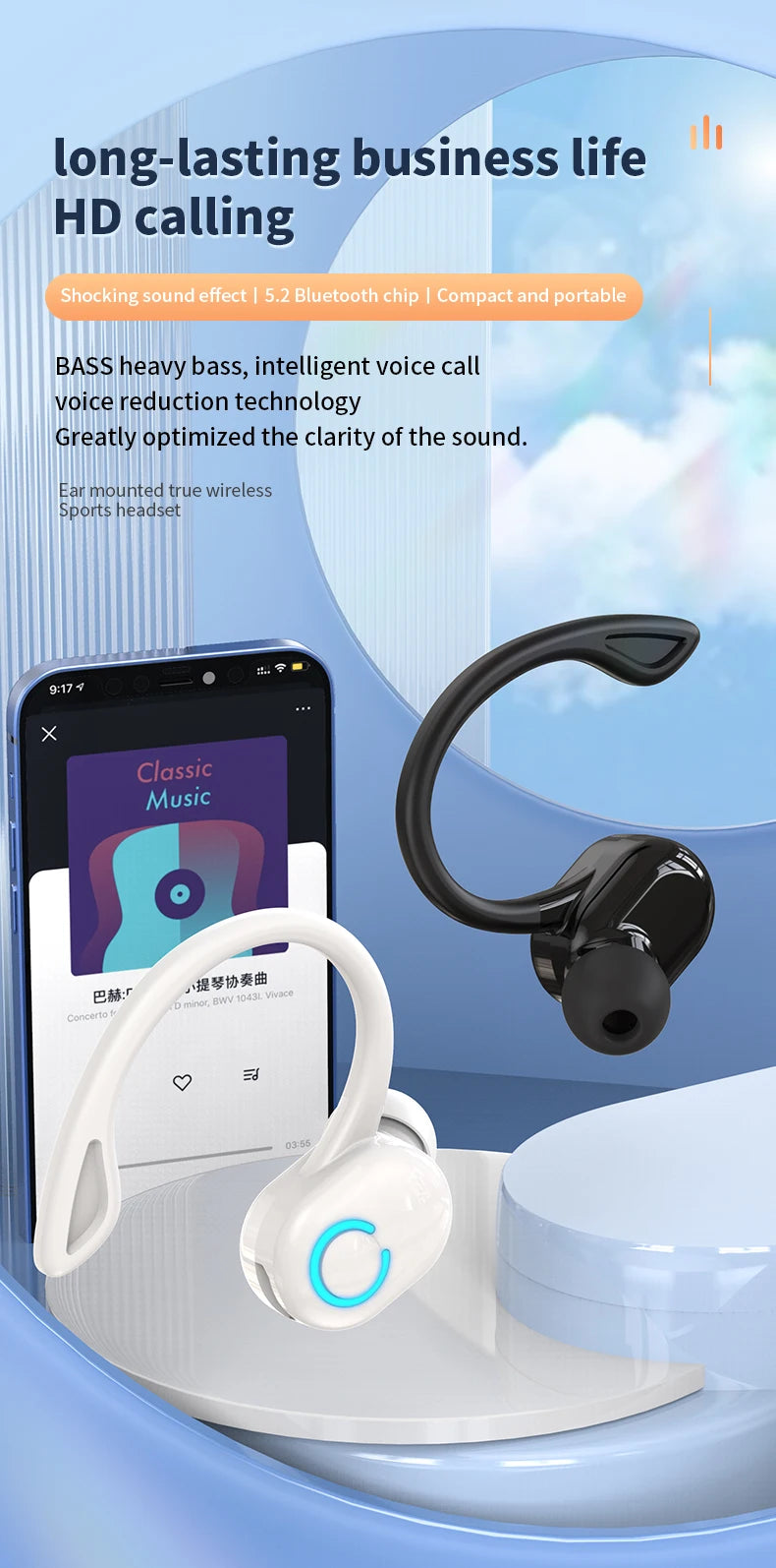 Auriculares Bluetooth HIFI Bass — Cancelamento de Ruído, Microfone HD e À Prova de Água