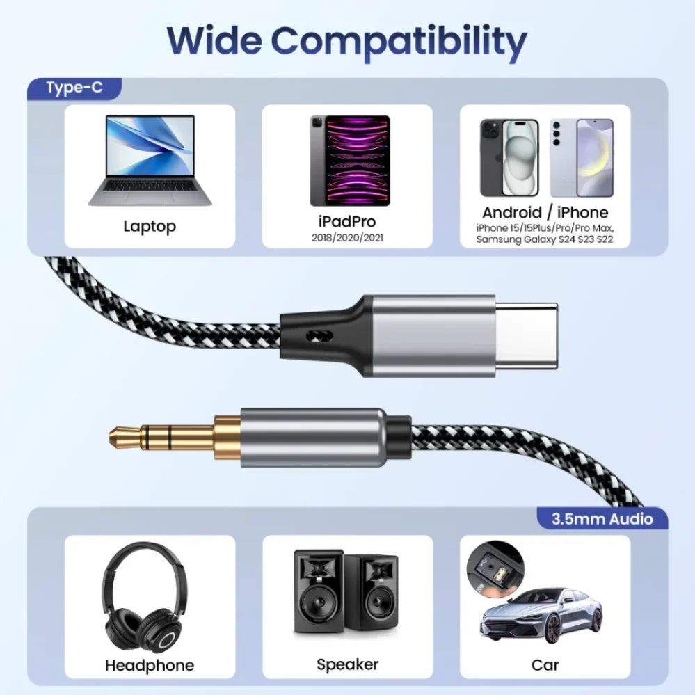 Cabo Adaptador USB-C para Jack 3.5mm DAC — Áudio HiFi Estéreo 1m/1.5m/2m