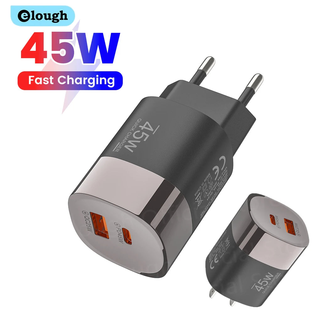 Carregador Elough 45W USB-C + USB-A 2 Portas para iPhone, Huawei e Android