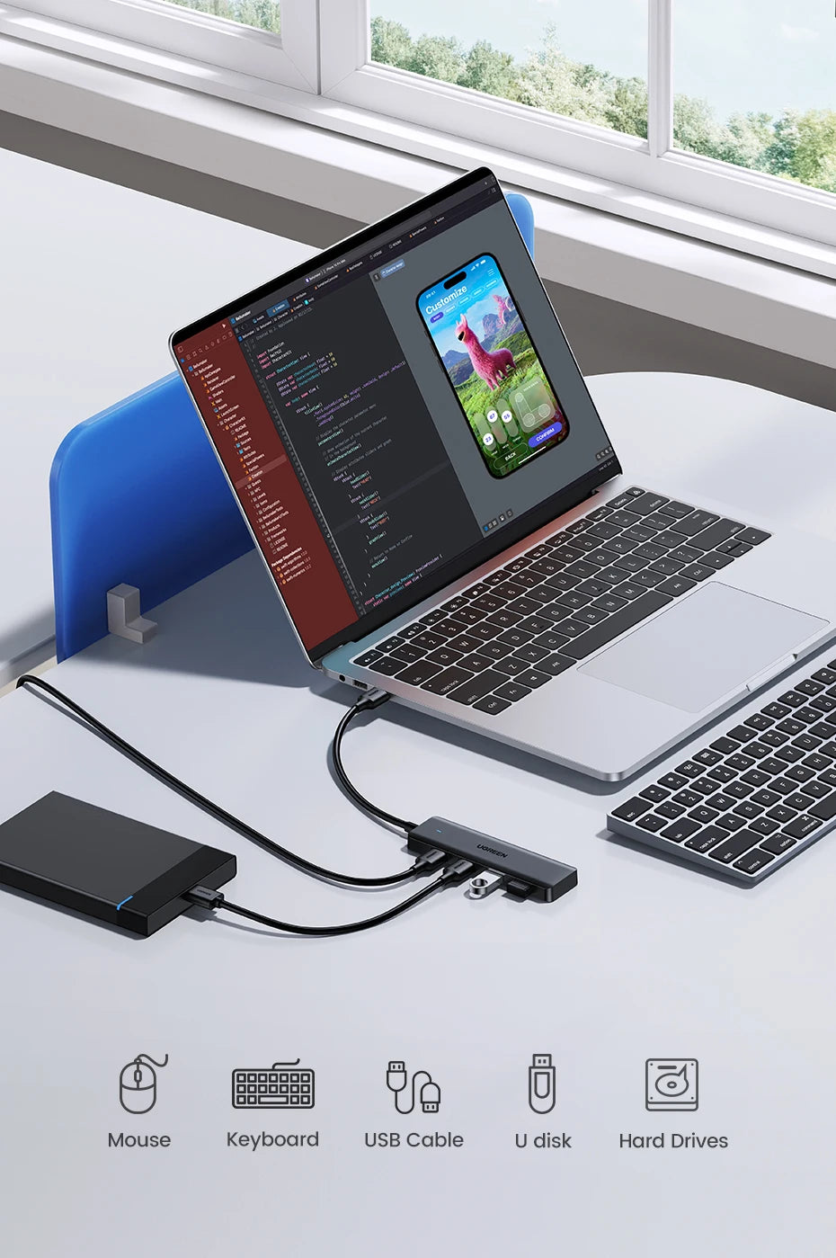 Hub USB 3.0 UGREEN 4 Portas Slim — Para MacBook, PC, Xbox e PS5