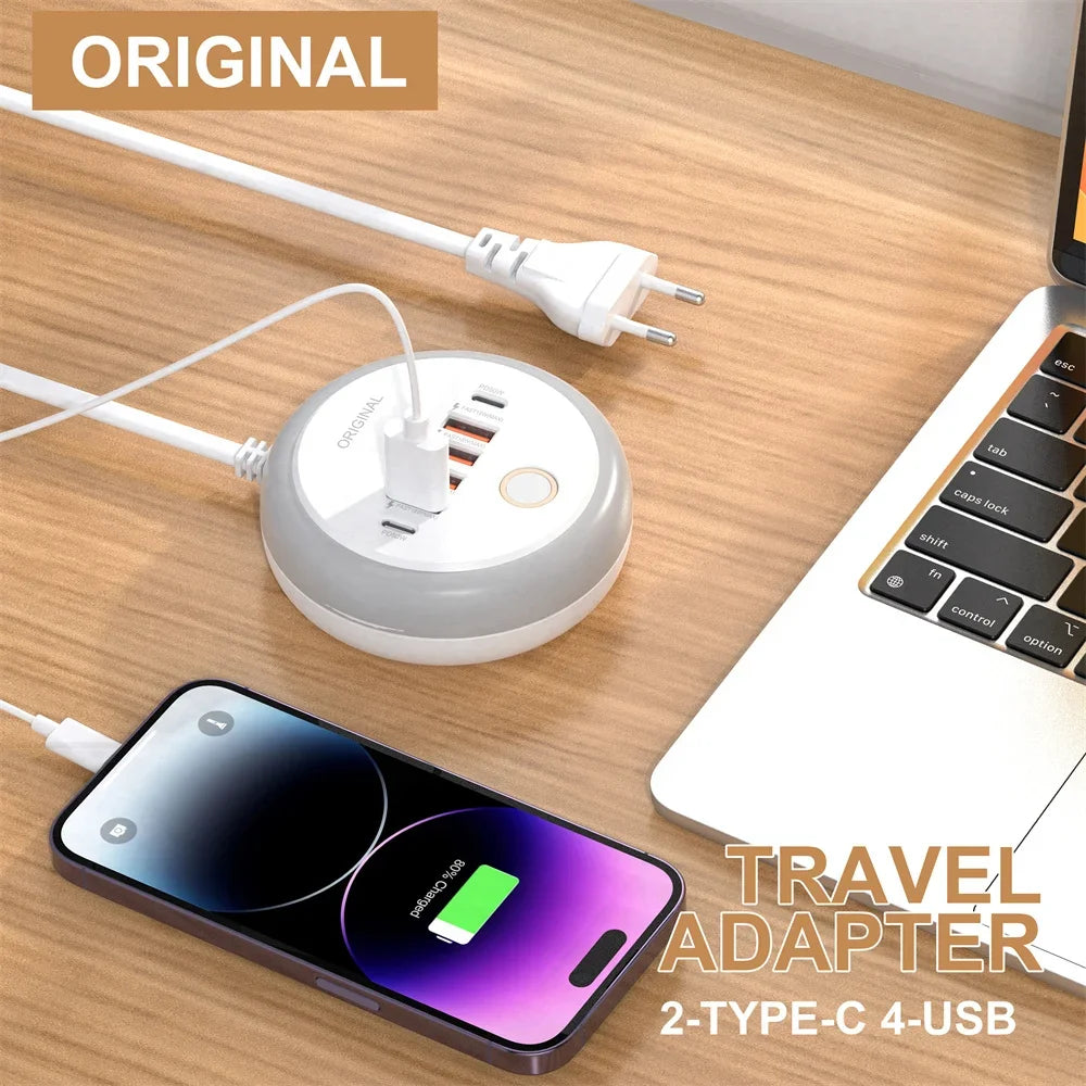 Régua de Tomadas 50W com 4 USB-A + 2 USB-C e Luz Noturna