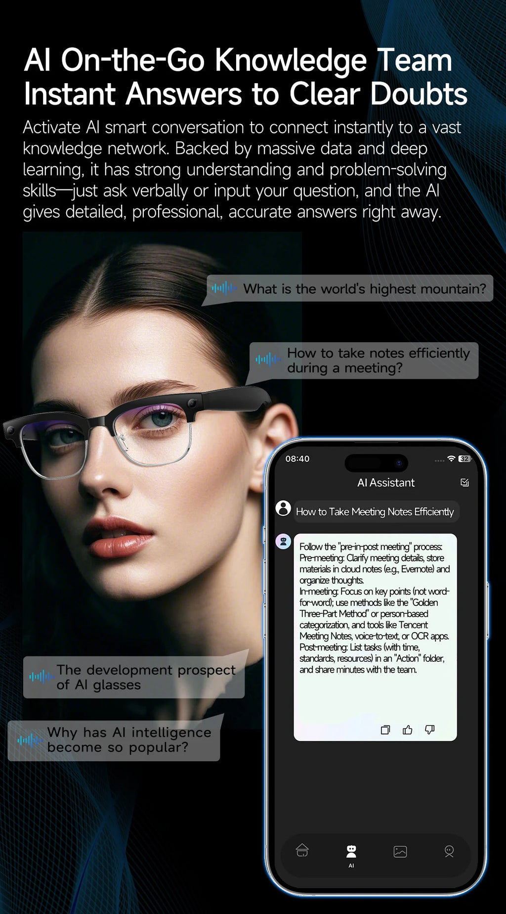 Óculos Inteligentes 2026 com Câmara 800W, IA, Bluetooth, Tradução por Voz e Gravação de Vídeo
