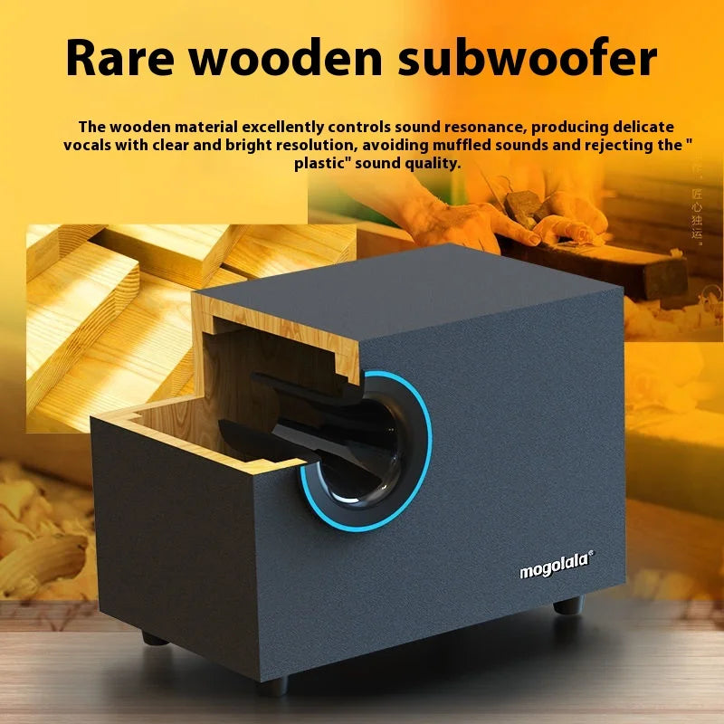Coluna Bluetooth para Computador em Madeira — Subwoofer 3D Surround, Alto Volume e Gaming