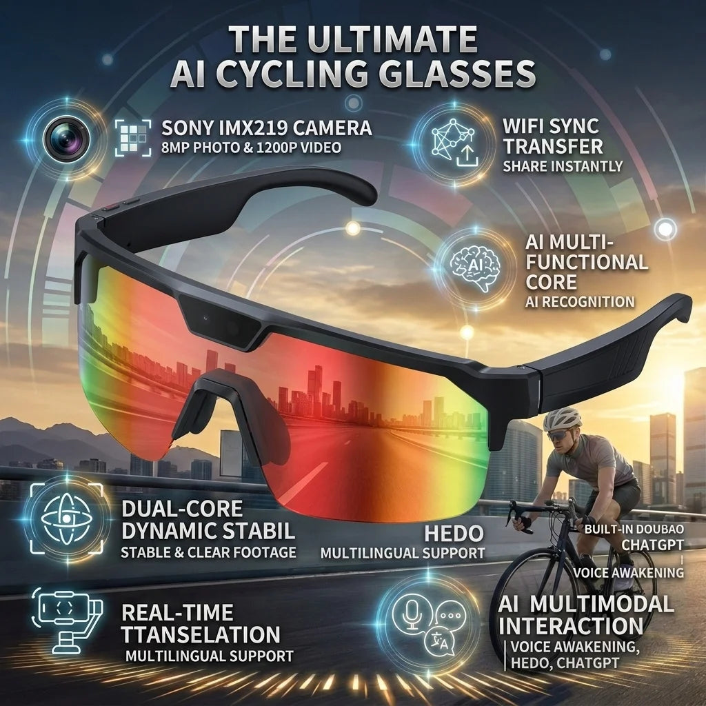 Óculos Inteligentes IA com Câmara 4K HD — 8MP, Anti-vibração, Tradução em Tempo Real e Desporto Outdoor