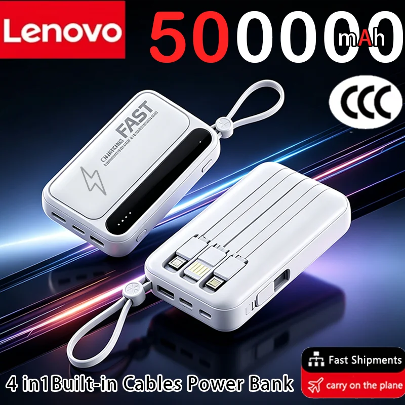 Power Bank Lenovo com 4 Cabos Integrados e Carregamento Rápido