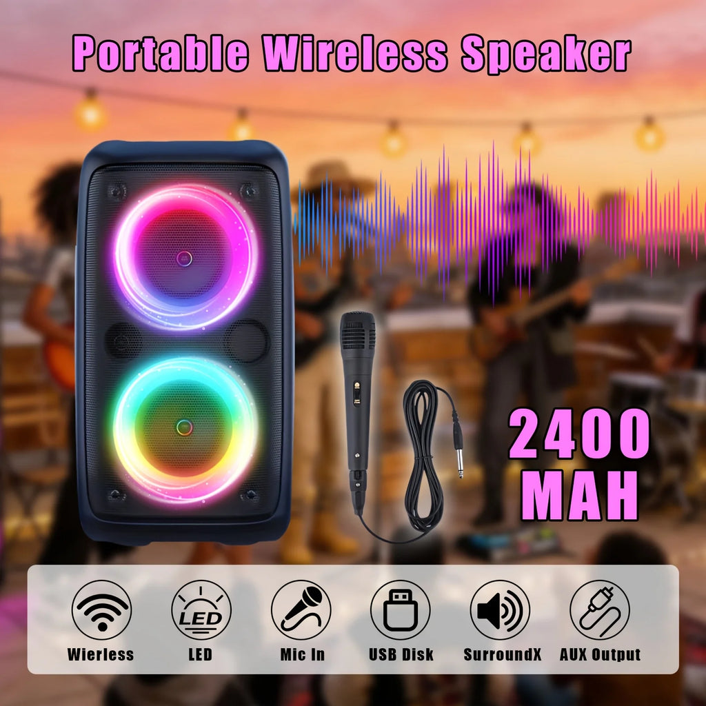 Coluna Bluetooth Portátil 6000W com Luzes Coloridas para Exterior