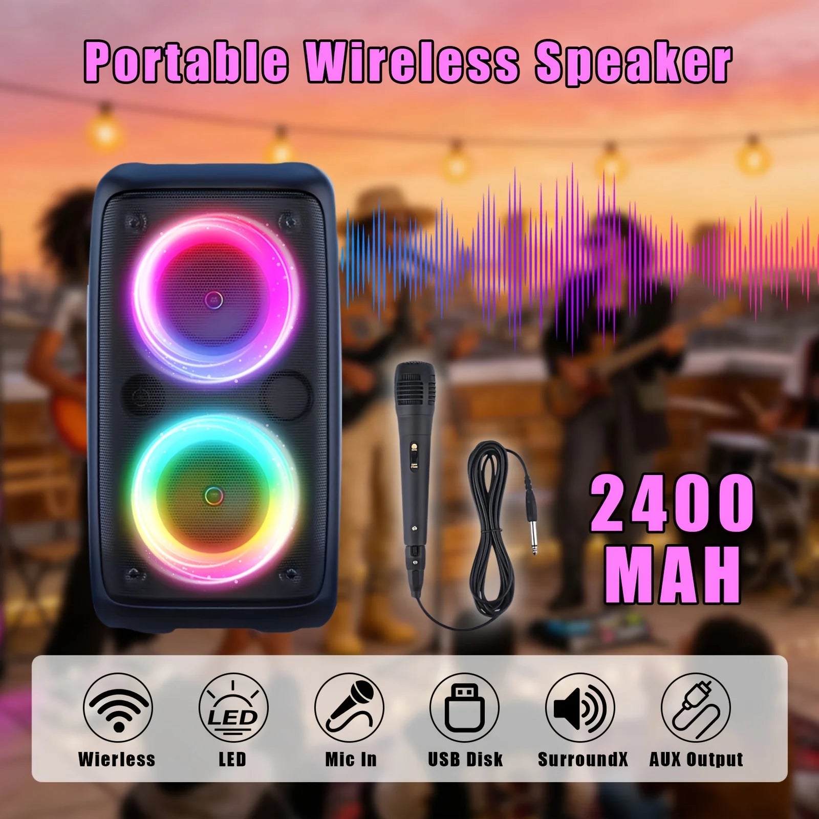 Coluna Bluetooth Portátil 6000W com Luzes Coloridas para Exterior
