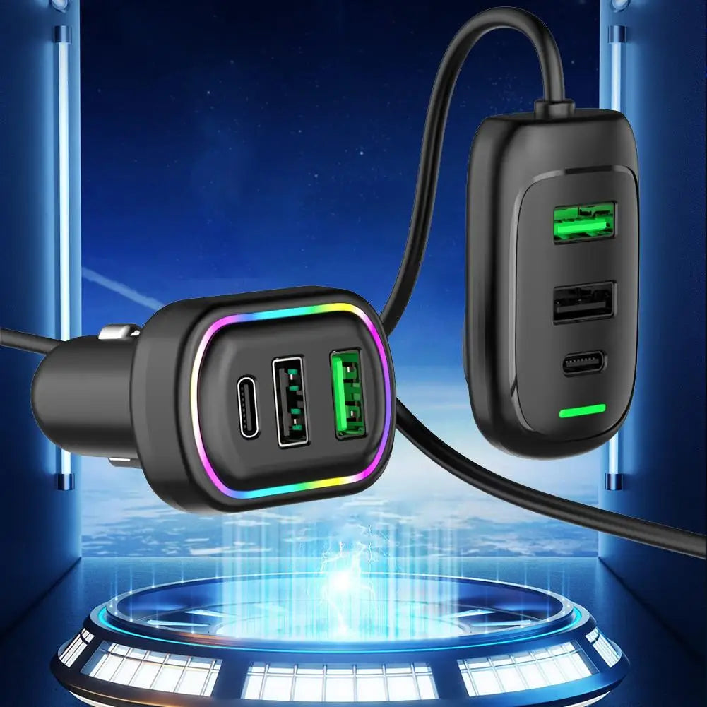 Carregador de Carro Multiportas PD com Cabo — Carregamento Super Rápido