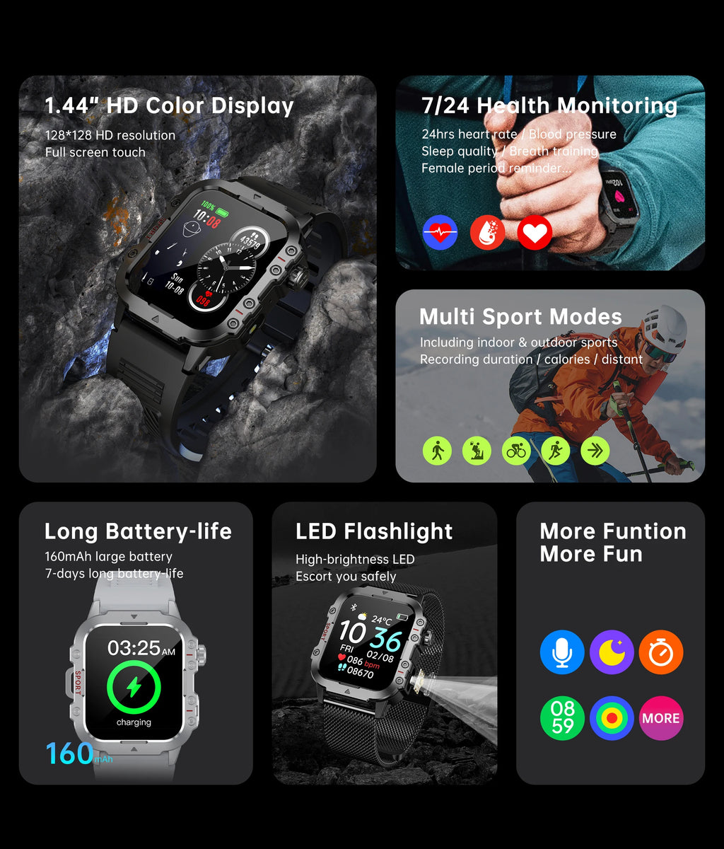 Smartwatch Bluetooth 1.44'' com Monitor de Saúde, Oxigénio e Pressão