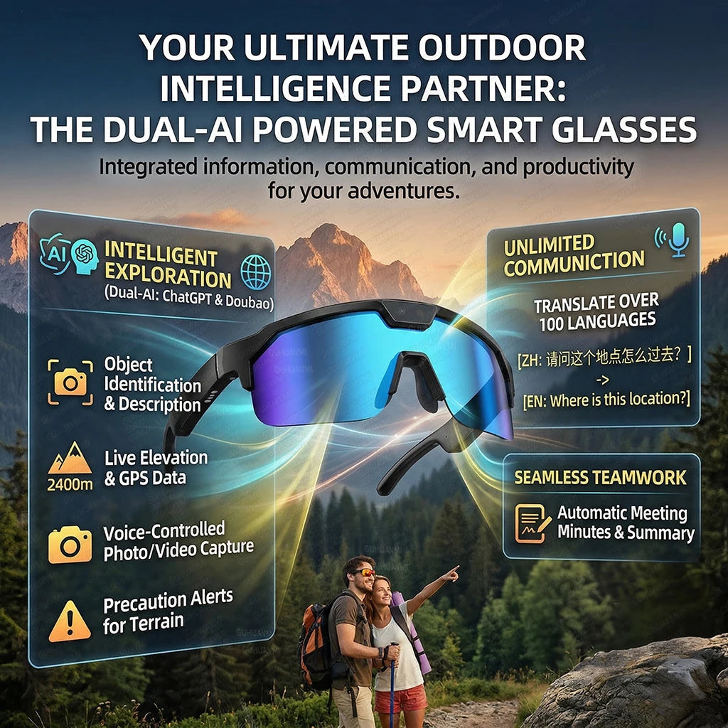 Óculos Inteligentes IA com Câmara 4K HD — 8MP, Anti-vibração, Tradução em Tempo Real e Desporto Outdoor