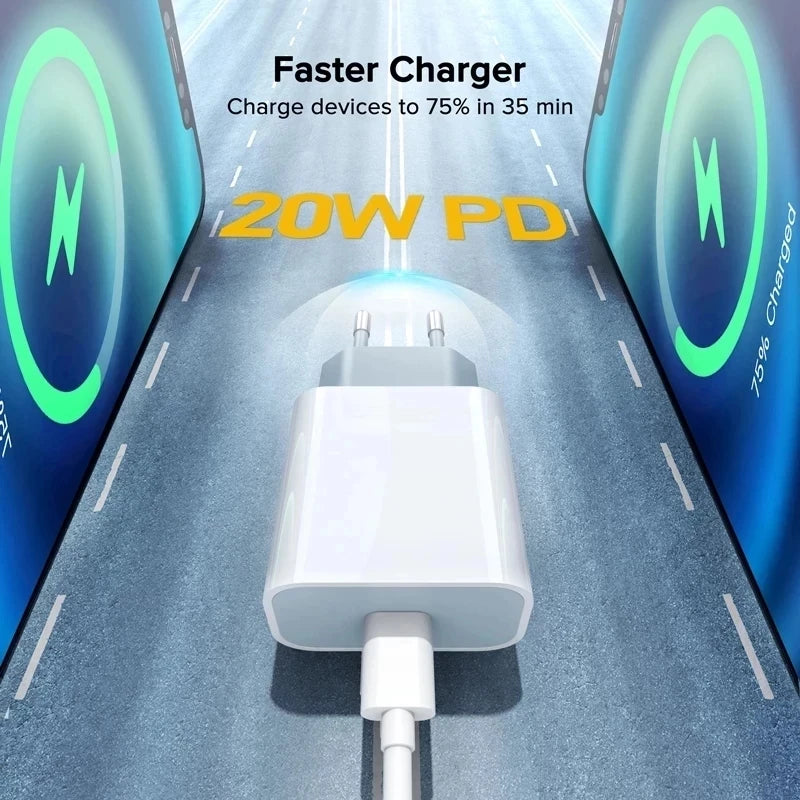 Carregador USB-C 20W PD com Cabo 1M para iPhone e iPad — Ficha EU