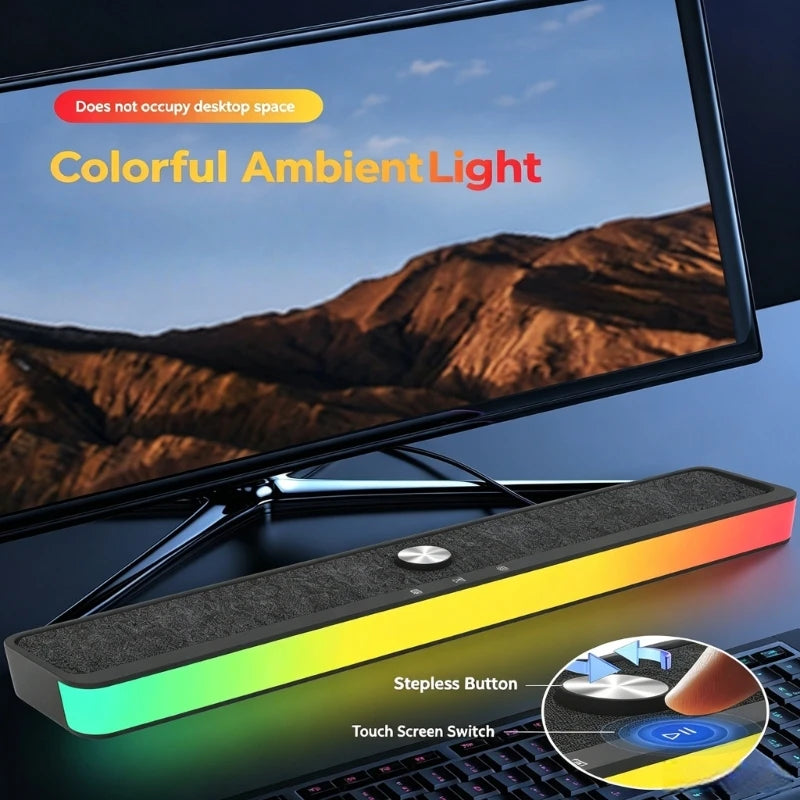 Soundbar de Secretária Sem Fios com Barra de Luz — Bluetooth 5.3, USB, Recarregável e Para TV