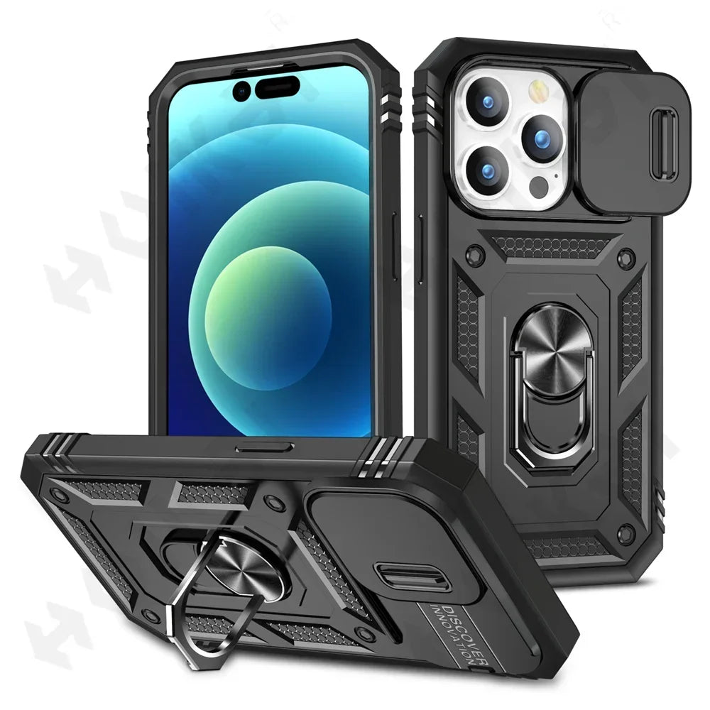 Capa com Tampa de Câmara Deslizante e Suporte 360º para iPhone