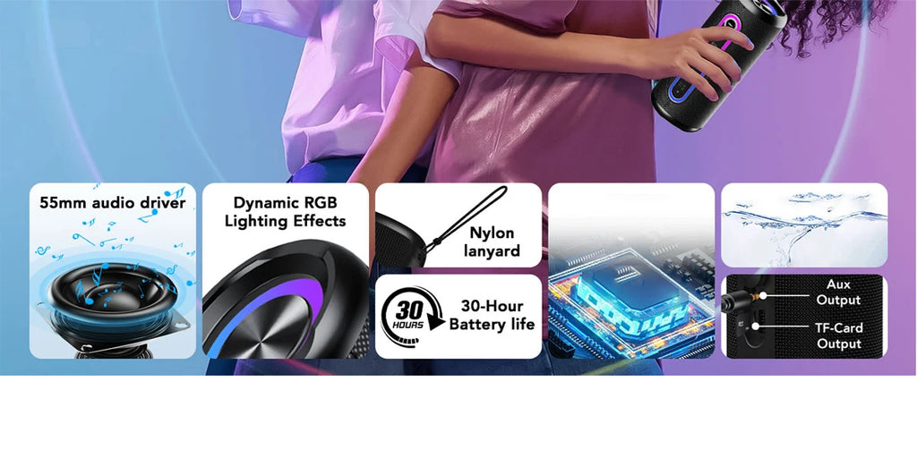 Coluna Bluetooth Portátil 30W — Som Estéreo, IPX7 À Prova de Água, RGB e Modos EQ