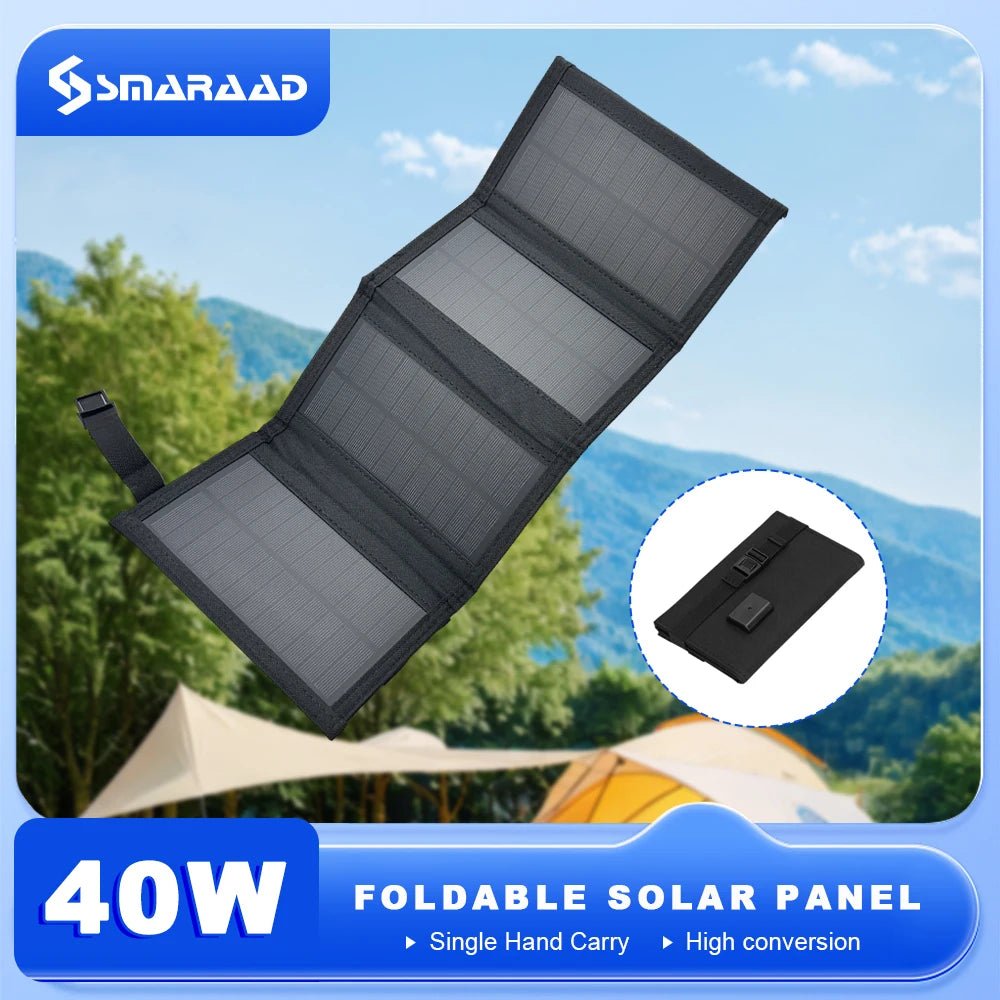 Painel Solar Portátil Dobrável 40W USB para Campismo e Caminhadas