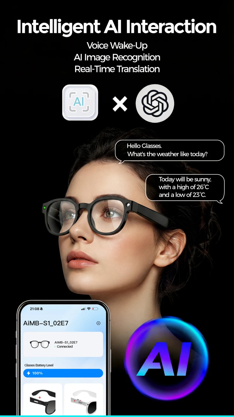 Óculos Inteligentes com Tradução IA — Câmara 8MP HD, Gravação 4K, Bluetooth e Música