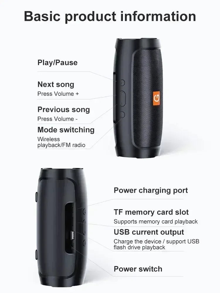Coluna Bluetooth 5.0 Portátil IP65 — Som Estéreo HD, AUX, Bateria Longa e Emparelhamento Duplo