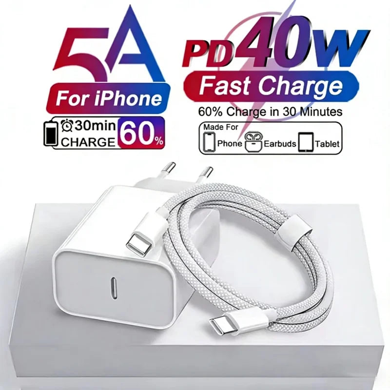 Carregador USB-C 40W PD com Cabo para iPhone 15, 16 e 17