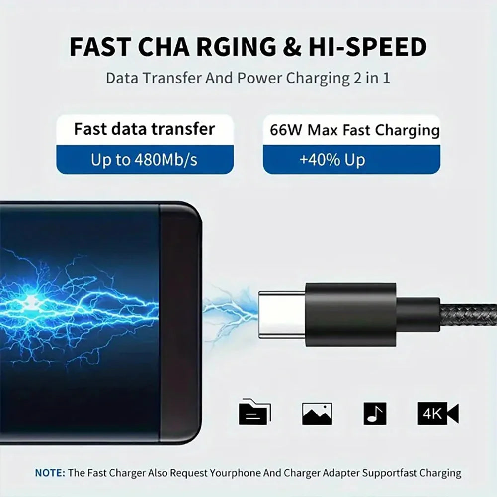 Cabo USB-C para USB-C 66W 5A Nylon Trançado — Carregamento Rápido 1m/2m/3m