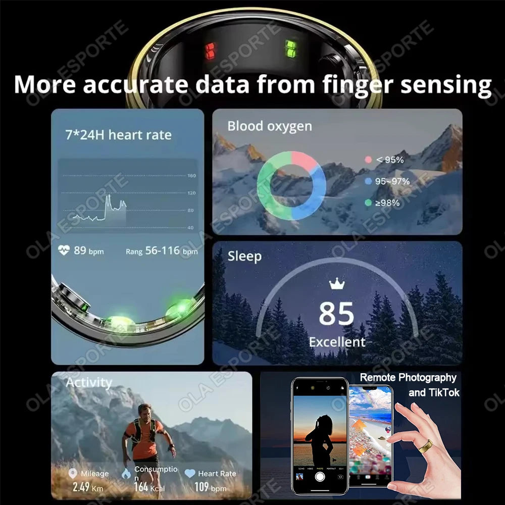Smart Ring 2025 — Pressão Arterial, Frequência Cardíaca, Sono, IP68 e 5ATM para Homem e Mulher