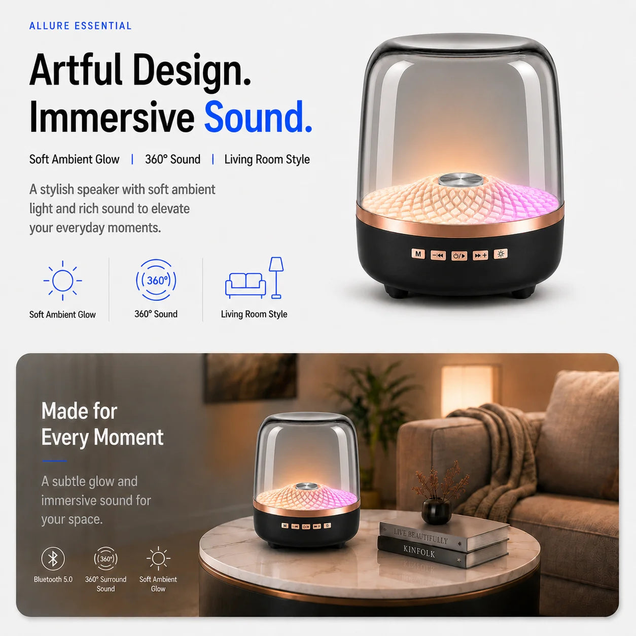 Soundbar Bluetooth 5.0 Portátil 2026 — TWS, Hi-Fi, Subwoofer e Lâmpada Respiratória para Android e iOS