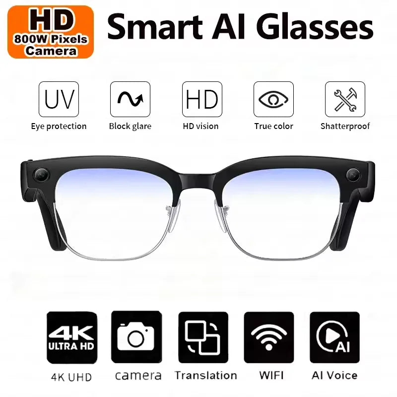 Óculos Inteligentes IA 4K — Câmara 8MP, Gravação de Vídeo, Reconhecimento, Tradução, Bluetooth e Óculos Fotocromáticos À Prova de Água
