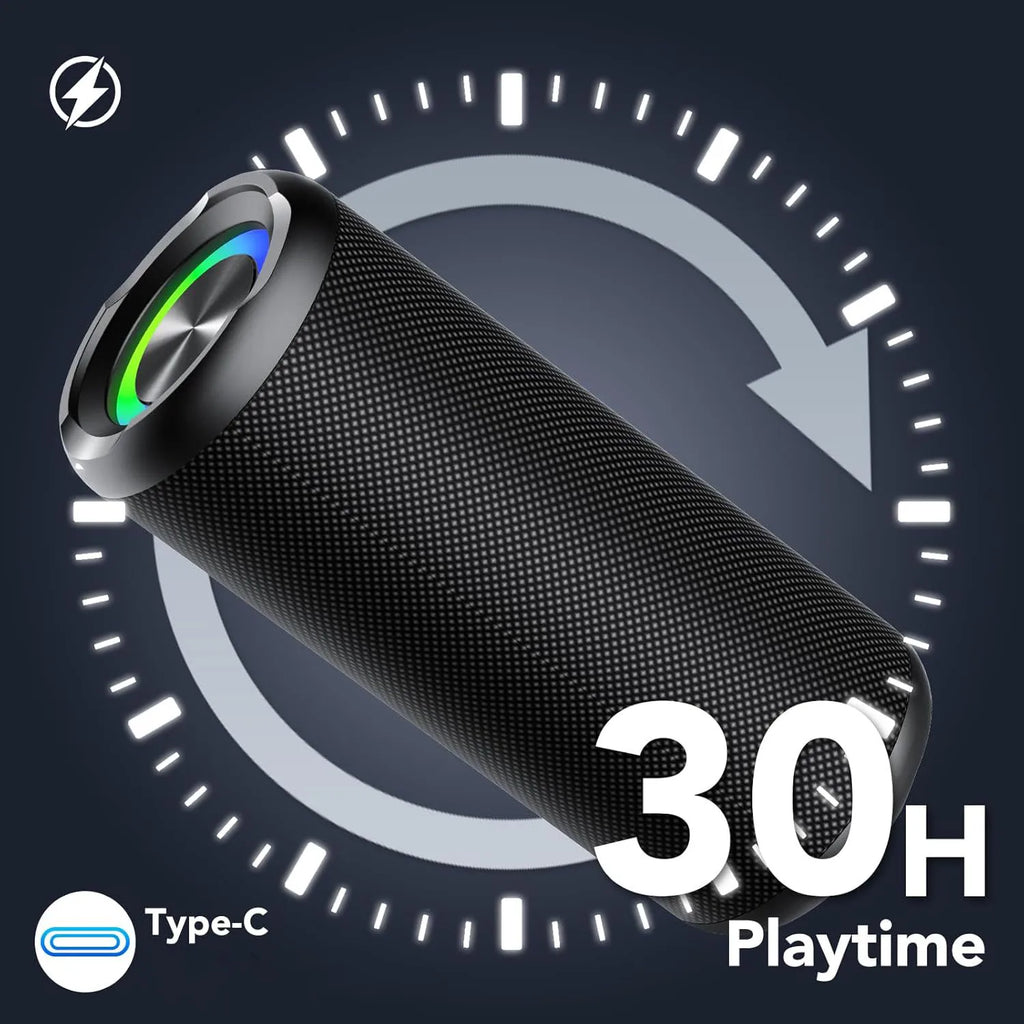 Coluna Bluetooth Portátil 30W — Som Estéreo, IPX7 À Prova de Água, RGB e Modos EQ