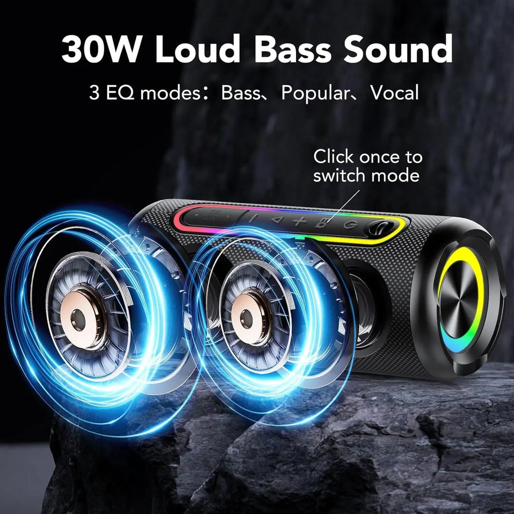 Coluna Bluetooth Portátil 30W — Som Estéreo, IPX7 À Prova de Água, RGB e Modos EQ
