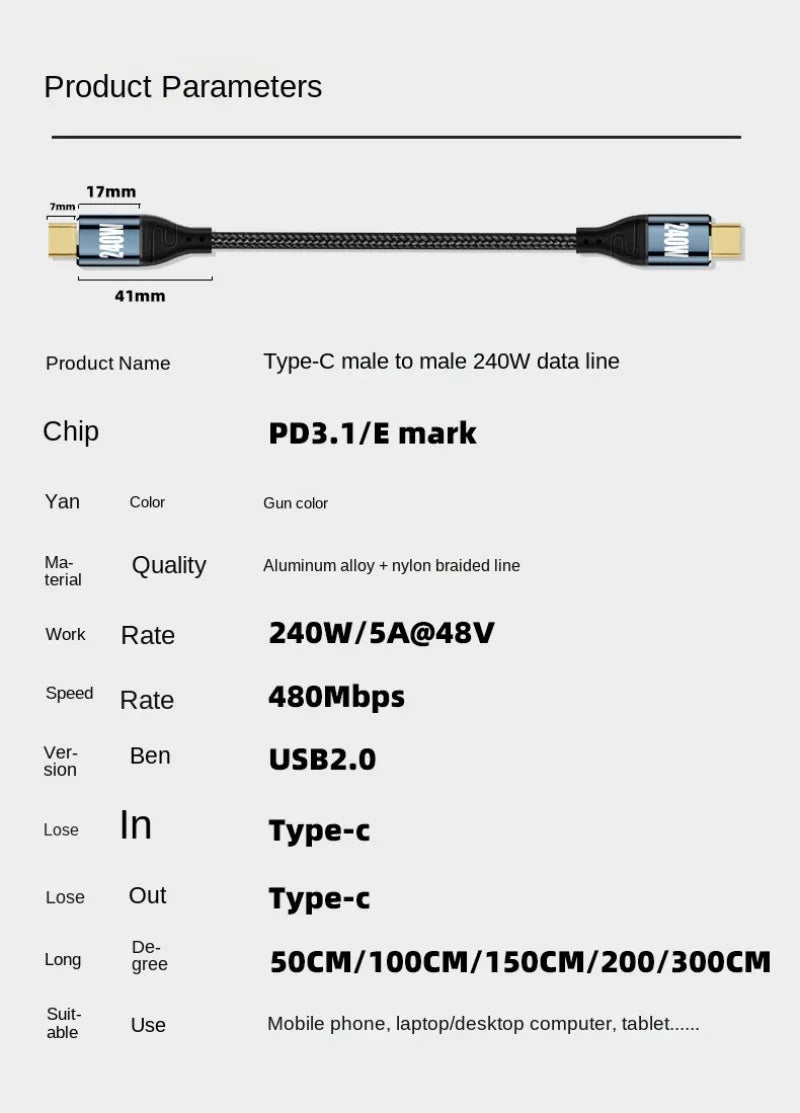 Cabo USB-C 240W em Ângulo 90° — 48V/5A Compatível com USB 2.0 (3m/10FT)