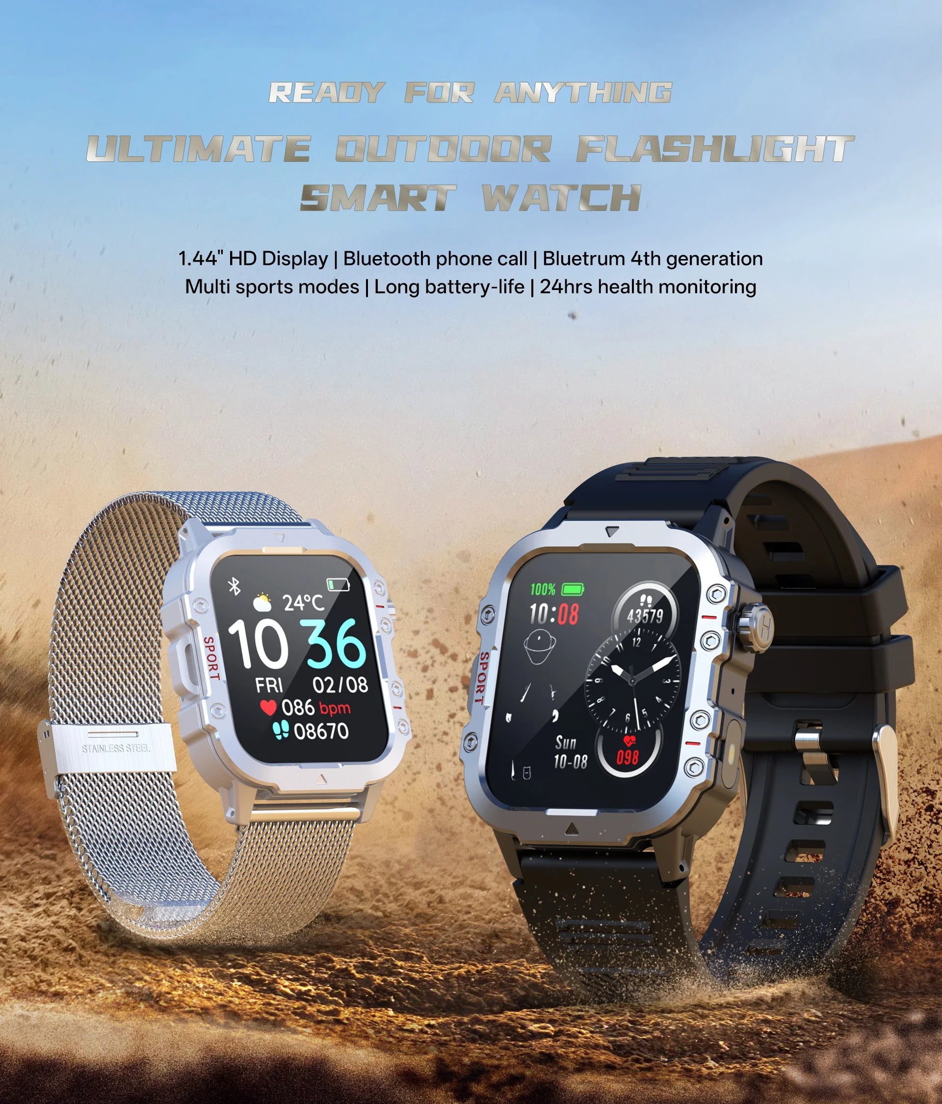 Smartwatch Bluetooth 1.44'' com Monitor de Saúde, Oxigénio e Pressão