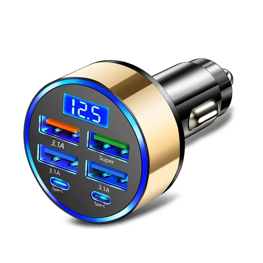 Adaptador de Carro 6 em 1 com Display Digital e Carregamento Rápido 3.1A