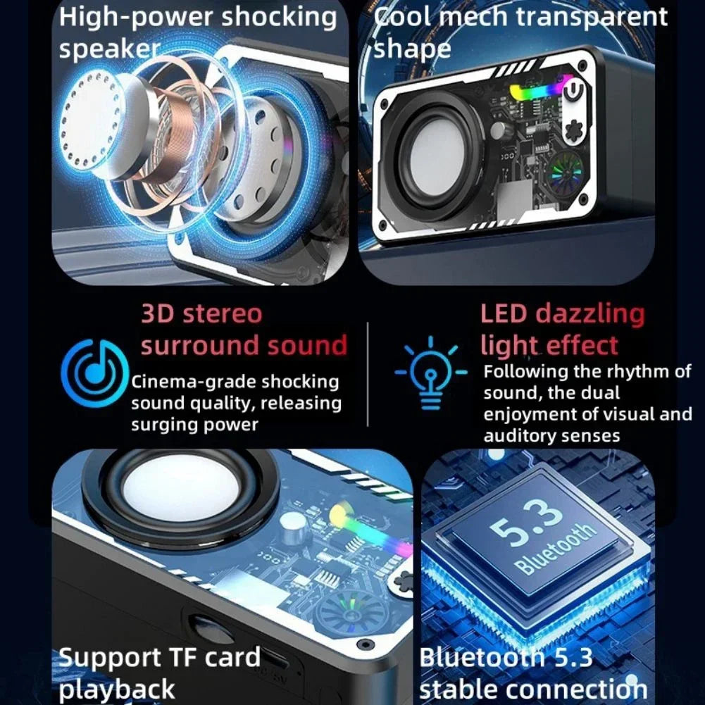 Coluna Bluetooth V5.3 — LED, 1800mAh, Suporte Cartão TF e Som Potente para Exterior