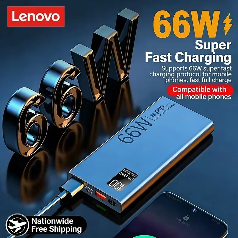 Power Bank Lenovo 20000mAh 66W Carregamento Bidirecional com Display Digital
