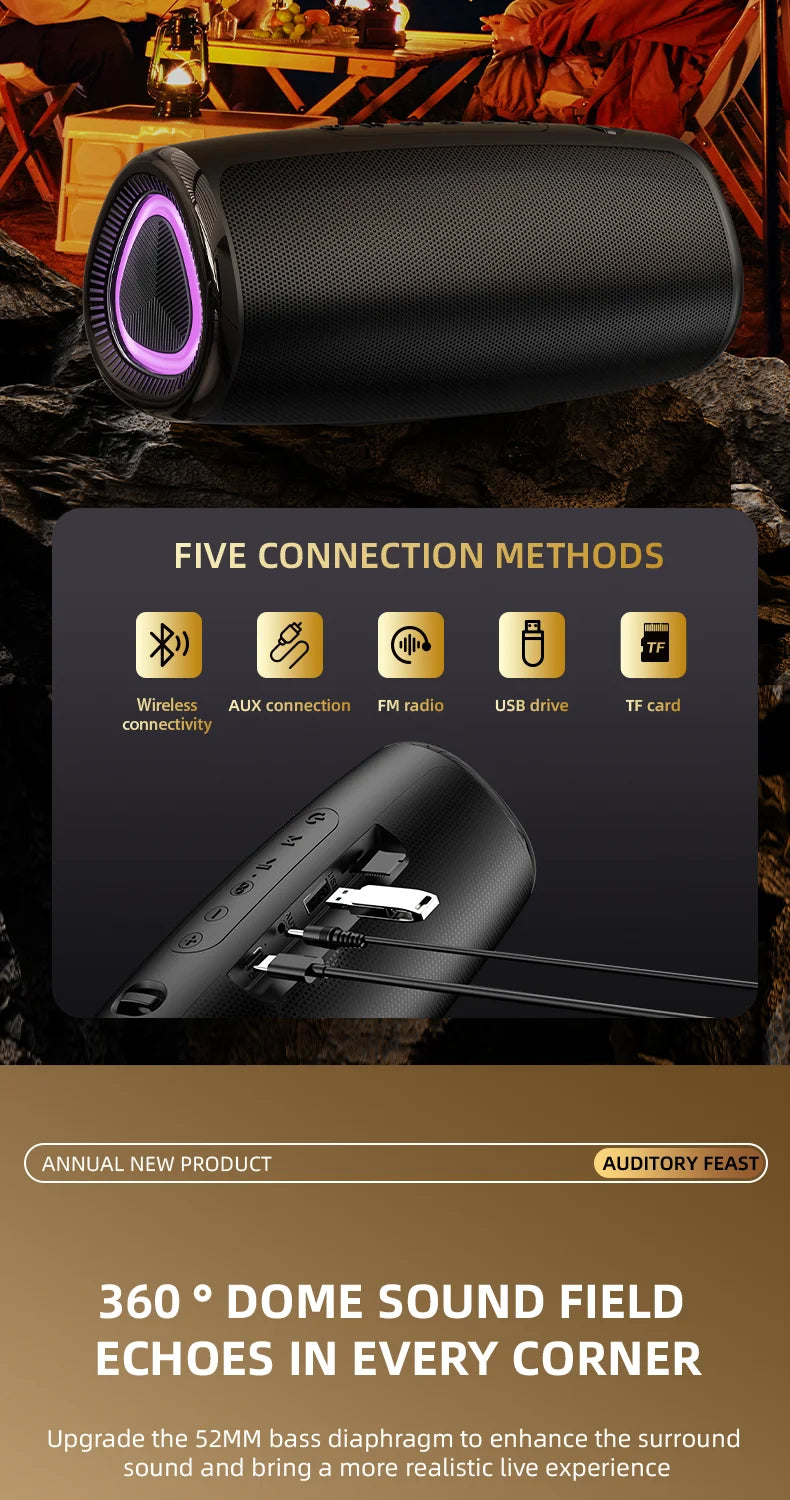 Coluna Bluetooth 5.3 com LED RGB, Subwoofer e FM/SD/USB