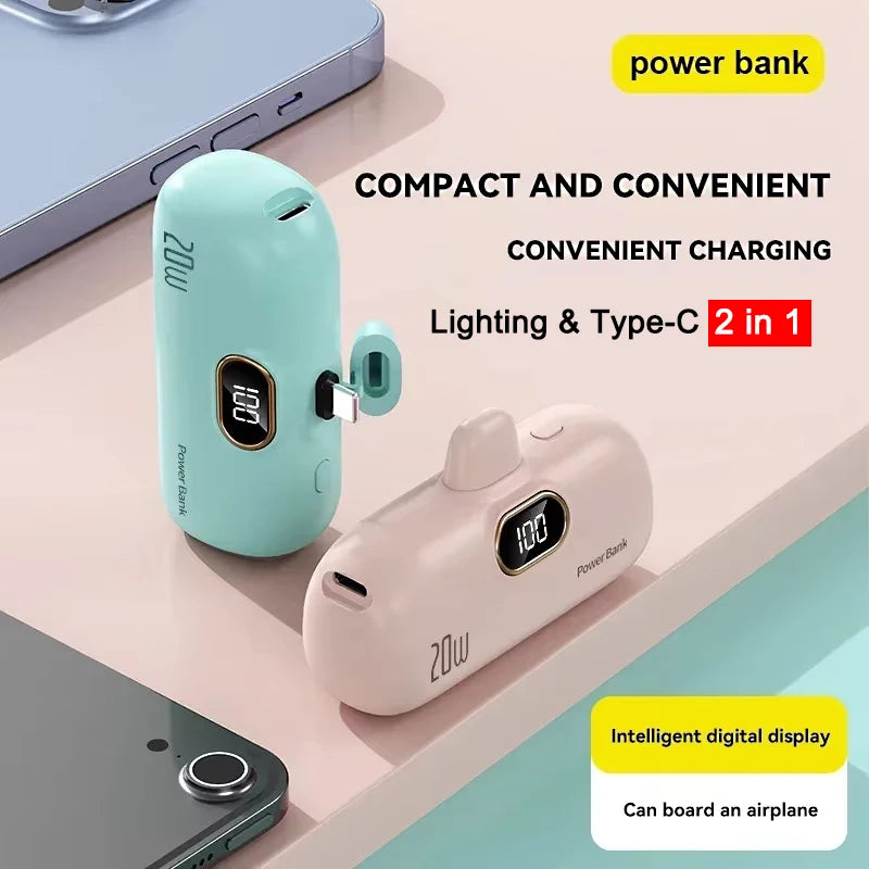 Power Bank Cápsula Mini 10000mAh 20W com Cabos Integrados