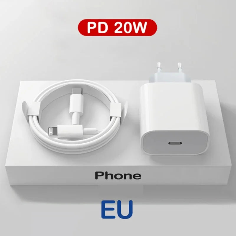 Carregador USB-C 20W PD com Cabo 1M para iPhone e iPad — Ficha EU