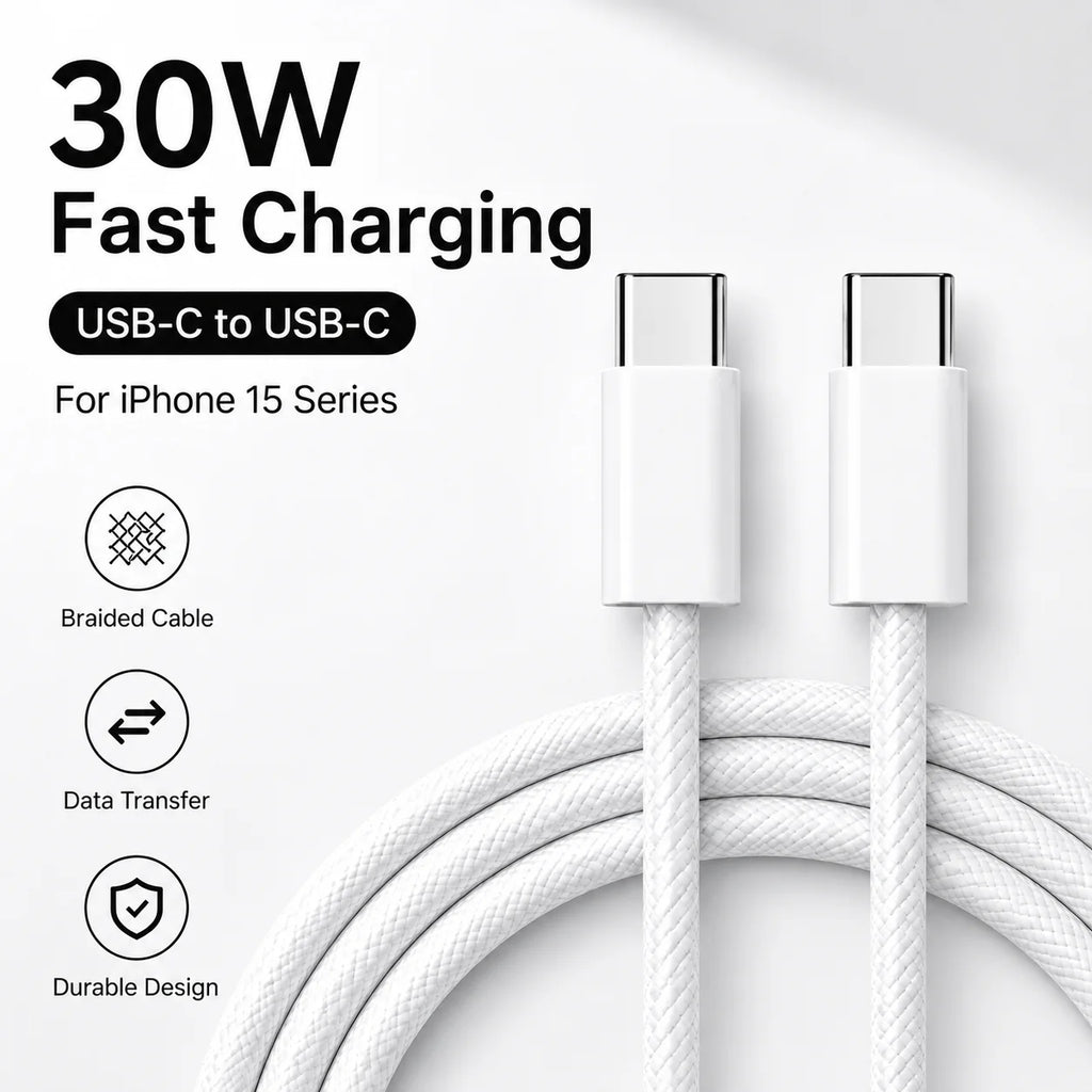 Cabo USB-C para USB-C 100W PD para iPhone 15, 16 e 17 — Nylon Trançado 1m/1.5m/2m