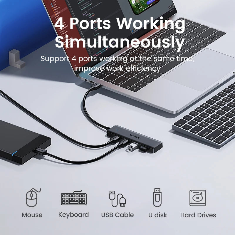 Hub USB 3.0 UGREEN 4 Portas Slim — Para MacBook, PC, Xbox e PS5