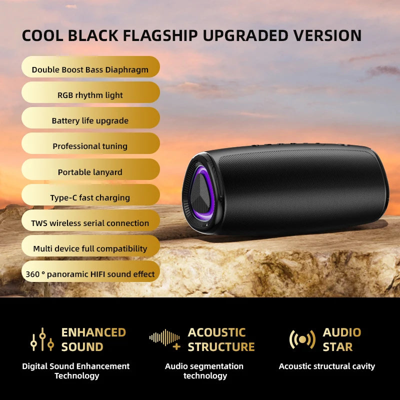 Coluna Bluetooth 5.3 com LED RGB, Subwoofer e FM/SD/USB